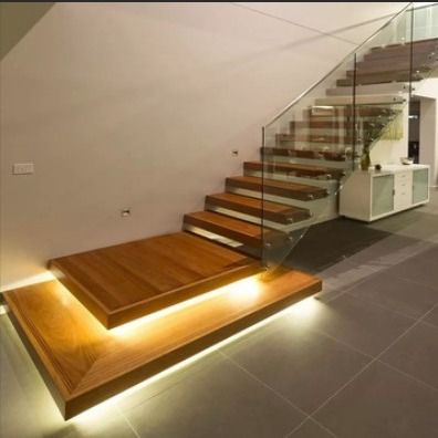 Villa Design Floating Staircase Invisible Steel Stringer With Wooden Tread Glass Railing