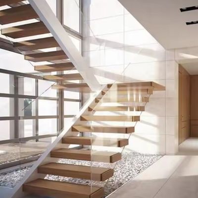 Villa Design Floating Staircase Invisible Steel Stringer With Wooden Tread Glass Railing