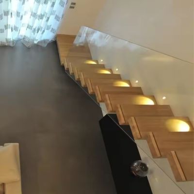 Villa Design Floating Staircase Invisible Steel Stringer With Wooden Tread Glass Railing