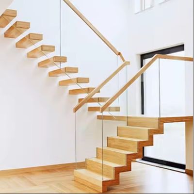Villa Design Floating Staircase Invisible Steel Stringer With Wooden Tread Glass Railing