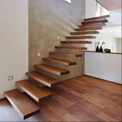 Villa Design Floating Staircase Invisible Steel Stringer With Wooden Tread Glass Railing