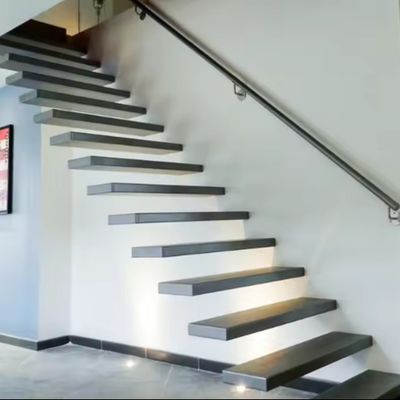Customized Auto LED Light Indoor Floating Wood Staircase With Invisible Stainless Steel Beam
