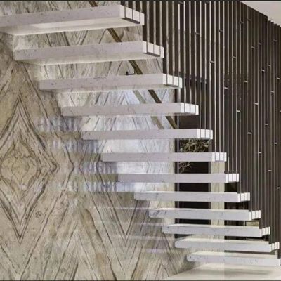Customized Auto LED Light Indoor Floating Wood Staircase With Invisible Stainless Steel Beam