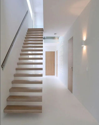 Customized Auto LED Light Indoor Floating Wood Staircase With Invisible Stainless Steel Beam