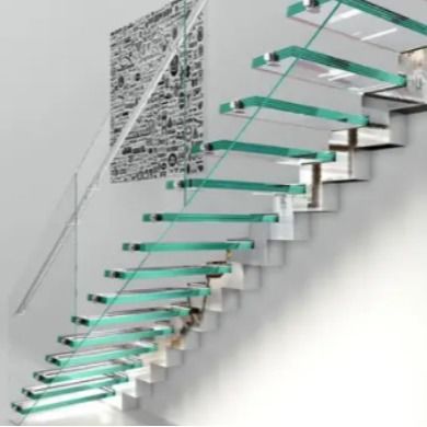 Customized Auto LED Light Indoor Floating Wood Staircase With Invisible Stainless Steel Beam