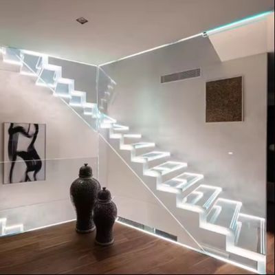Solid Customized LED Light Floating Stair With Hidden Steel Beam And Glass Railing