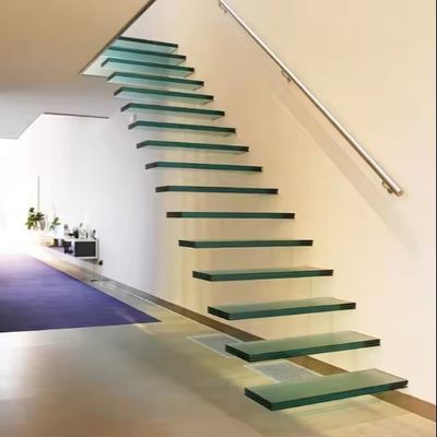 Solid Customized LED Light Floating Stair With Hidden Steel Beam And Glass Railing