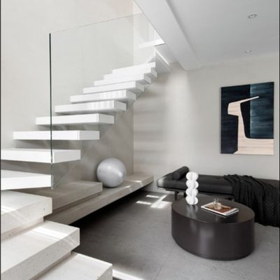 Solid Customized LED Light Floating Stair With Hidden Steel Beam And Glass Railing