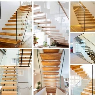 Villa/Department Decorative Staircase Indoor Open Riser Wooden Floating Glass Stair