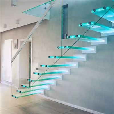 12mm Thick Floating Glass Stairs with Tread Size of 900-2000mm x 250-350mm x 150-200mm in Clear Grey or Customized Color