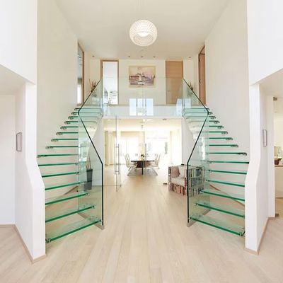 12mm Thick Floating Glass Stairs with Tread Size of 900-2000mm x 250-350mm x 150-200mm in Clear Grey or Customized Color