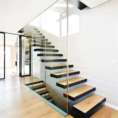 Customized Beechwood Floating Stair with Glass Railing and LED Lights Satin Finish