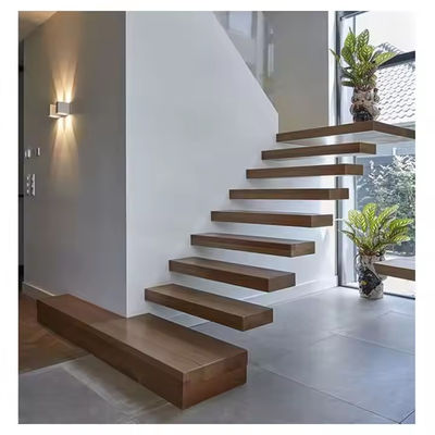 Customized Beechwood Floating Stair with Glass Railing and LED Lights Satin Finish