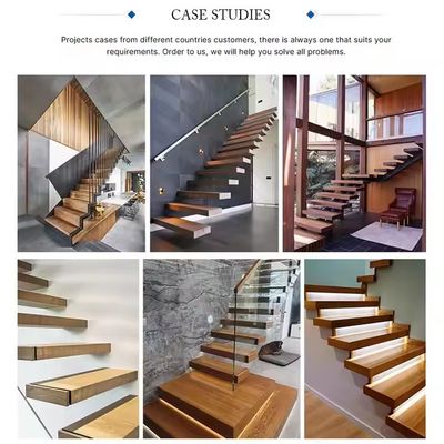 Customized Beechwood Floating Stair with Glass Railing and LED Lights Satin Finish