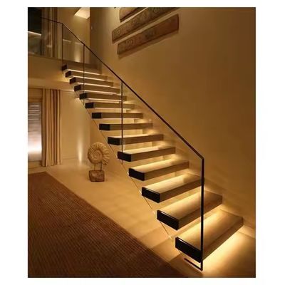 Customized Beechwood Floating Stair with Glass Railing and LED Lights Satin Finish