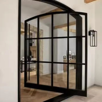 Commercial Clear Glass Front Pivot Iron Door with Steel and Aluminum Graphic Design