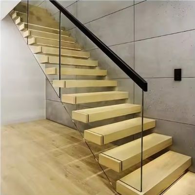 Villa Design Floating Staircase Invisible Steel Stringer With Wooden Tread Glass Railing