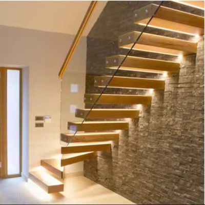Solid Customized LED Light Floating Stair With Hidden Steel Beam And Glass Railing