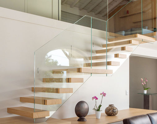 Customized Painting Color Wood Floating Stairs with Clear Frosted Color and Customized Glass Options