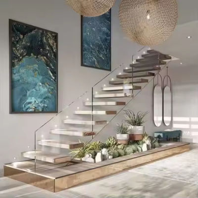 Wall Mounted Hidden Beam Red Oak Wooden Staircase Villa Open Riser Floating Stair With Lights
