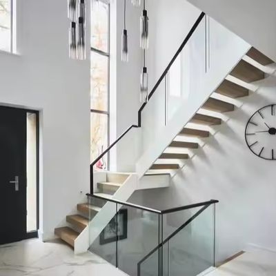 Modern Indoor Straight Stairs Floating Iron And Steel Staircase With Wood Tread And Glass Railing For Commercial And Apartment